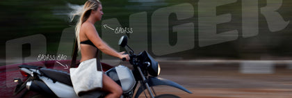 young badass woman wearing a Cooks Ranger bag and bikini while riding a motorcycle